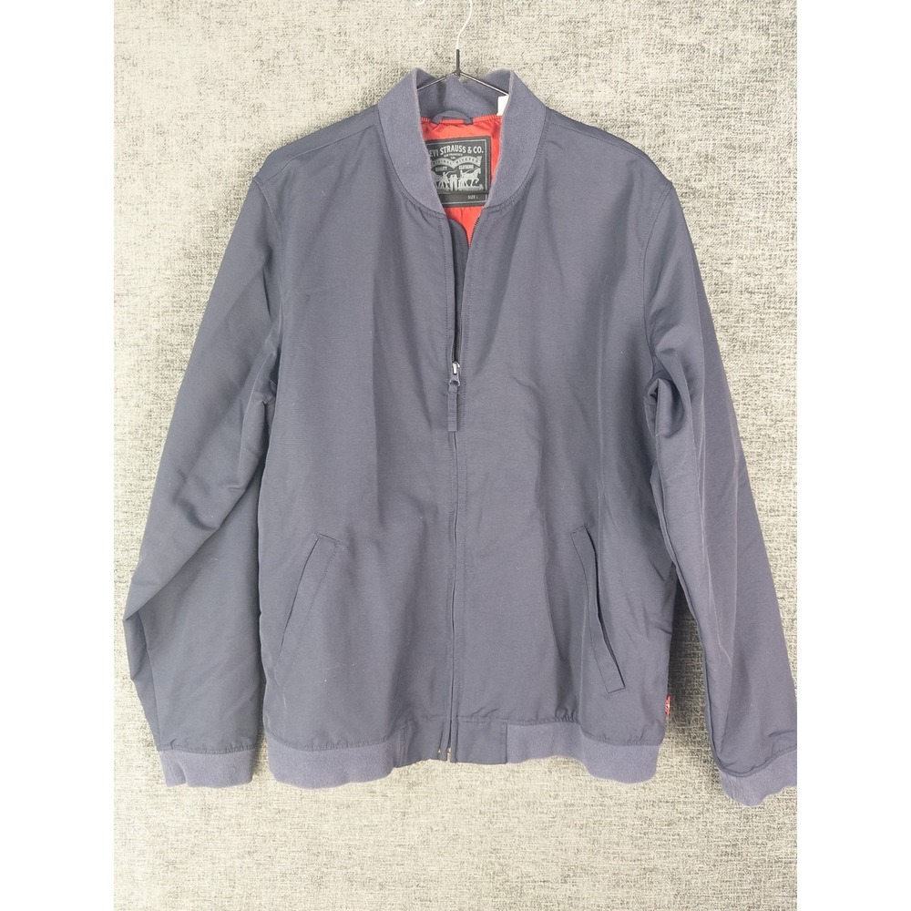 Levis Bomber Jacket Mens L Blue Full Zip Solid Casual Logo Cotton Blend‎